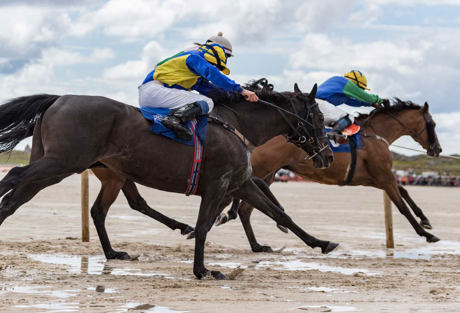 Two thoroughbred racehorses race along an Irish beach with two jockeys dressed in blue yellow and gree